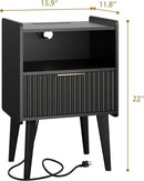 Fluted Nightstand with Charging Station, Modern Bedside Table with Drawer,Black Nightstand with Solid Wood Legs, End Table,Side Table for Living Room,Bedroom Black CTG57BKE by CozyNest Decor