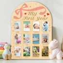ORIGACH My First Year Baby Growth Photo Display Wood Board - 12 Months Newborn Milestones Photo Board - Neutral Baby Keepsake Frame 1st Birthday Party Nursery Decor New Mom Gift - Bow & Heart by TinyTreasures Baby Boutique