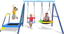 440lbs Kids Swing Set, 3-in-1 Outdoor Playground with Saucer Swing, Belt Seat & 4ft Trampoline, Heavy Duty A-Frame Metal Stand & Safety Stakes, Backyard Playset for Toddlers 3-8 Years Old by TinyTreasures Baby Boutique