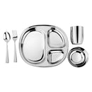 Ahimsa Stainless Steel Kids Dinnerware Set - 5 Piece Toddler Plates and Bowls Set, Pediatrician Designed, Includes Non Toxic Toddler Plate and Bowl, Kids Utensils and Cup (Classic Stainless Steel) by TinyTreasures Baby Boutique