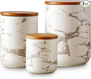 Ceramic Canister Set with Bamboo Airtight Lids, 3-Piece Kitchen Storage Jars (48oz, 30oz, 12oz) – White with Gold Marble Pattern, Glossy Finish, for Coffee, Sugar, Flour & More by CozyNest Decor