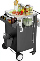 KEIKI Outdoor Grill Cart with Storage and Wheels, Rolling BBQ Prep Table with Spice Rack, Hooks, and Side Handles, Black Metal Bar Cart for Patio Kitchen and Grilling Accessories by CozyNest Decor