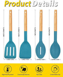 Pack of 4 Silicone Cooking Utensils Set, Non Stick Solid Spatulas and Heat Resistant Slotted Spoons with Wooden Handle, Ideal Wood Kitchen Utensils Set for Frying,Serving,Turning,Stirring (BLUE) by CozyNest Decor