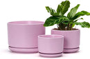 Ton Sin Plant Pots, 4.1+5.1+6.5 inch, Set of 3, Ceramic Planters with Drainage Hole and Saucer, Indoor Flower Pot with Hole Mesh Pad, Gifts for Mom(Matte Pink) by GreenHaven Gardens