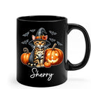 Personalized Name Bengal Wearing Witch Hat Coffee Mug, Custom Bengal Halloween Ceramic Cup, Spooky Cat Pumpkins Mug 11oz 15oz, Pet Halloween Black Cup, Gift for Cat Dad Mom Family Friend by TinyTreasures Baby Boutique