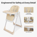 3-in-1 Foldable High Chair for Babies & Toddlers – Adjustable Height, Reclining Seat, 5-Point Safety Harness, Removable Tray, Lockable Wheels and Washable Cushion, Beige by TinyTreasures Baby Boutique