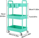 UDEAR 3-Tier Rolling Utility Cart,Multifunctional Storage Shelves with Handle and Lockable Wheels for Room,Office,Kitchen,Bathroom,with 3 Hanging Cups,Green by CozyNest Decor