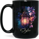 Custom Vintage Lantern With Flowers Coffee Mug, Personalized Name Ceramic Cup 11oz Or 15oz, Glowing Light And Flowers Mug, Customized Enchanted Nature Black Cup, Gift For Friends by CozyNest Decor