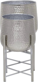 CosmoLiving by Cosmopolitan Metal Indoor Outdoor Planter Hammered Large Planter Pot with X-Shaped Stands, Set of 2 Planters 19", 16"H, Silver by GreenHaven Gardens