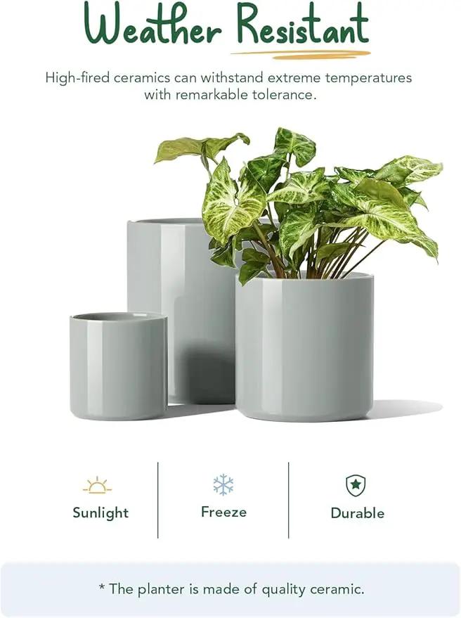 LE TAUCI Ceramic Plant Pots Indoor, 10+8+6 Inch Planters for Indoor Plants, Mid-Century Modern Flower Pots with Drainage Hole and Plug, Cylinder Round Planters, Set of 3, Blue Gray, photo 7 of 7