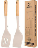 Pack of 2 Large Silicone Spatula, Heat Resistant Solid Turner, Non Stick Slotted Spatulas with Wooden Handle, Ideal Kitchen Utensils for Flipping, Pancakes, Eggs, Fish(KHAKI) by CozyNest Decor