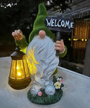 Solar Gnome Outdoor Garden Fall with Solar Lantern - 11’’Halloween Autumn Welcome Gnomes Decorations for Yard Patio (Green & White) by CozyNest Decor