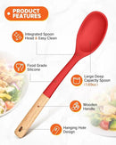 Silicone Cooking Spoons, Great for Scooping Sides and Serving Hearty Stews, BPA-Free Matte Silicone, Wooden Handle Serving Spoon for Nonstick Cooking Surfaces (Red) by CozyNest Decor