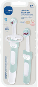 MAM Learn to Brush Set (1 Baby's Brush Toothbrush, 1 Training Brush, 1 Safety Shield), Baby Toothbrushes with Brushy The Bear, Interactive App, for Boys 5+ Months, Blue by TinyTreasures Baby Boutique