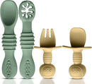 4pc Silicone Baby Spoons Self Feeding Baby Utensils 6-12 Months - 3 Baby Spoon - 1 Baby Fork - Toddler Cutlery Set - BPA Free, Dishwasher Safe - Baby Eating Essentials (Green/Yellow) - Small by TinyTreasures Baby Boutique