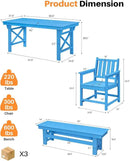 HDPE Outdoor Dining Set of 6, Patio Dining Table Set with 4 Chairs and 1 Bench, 6 Pieces HDPE Dining Set with Umbrella Hole, Outdoor Furniture Sets for Deck, Poolside, Garden, Sky Blue by CozyNest Decor