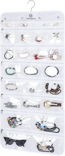 Freegrace Hanging Jewelry Organizer Revolving Hanger - Secure Zipper Closure - 50 Pockets - Foldable Storage & Display Solution - For All Jewelry & Bijoux (White) by CozyNest Decor