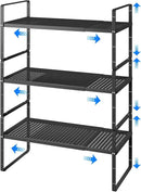 Expandable Cabinet Shelf Organizers, Kitchen Small Stand Rack Organization for Countertop Cupborad Pantry, Black 3 Pack by CozyNest Decor