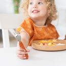 Bumkins Toddler Utensils, Kids Size Fork and Spoon Set, Silicone and Stainless-Steel Training Silverware, Angled Forks/Sporks for Self-Feeding, Children Hold Learning to Eat, 18 Months Up, Clay by TinyTreasures Baby Boutique