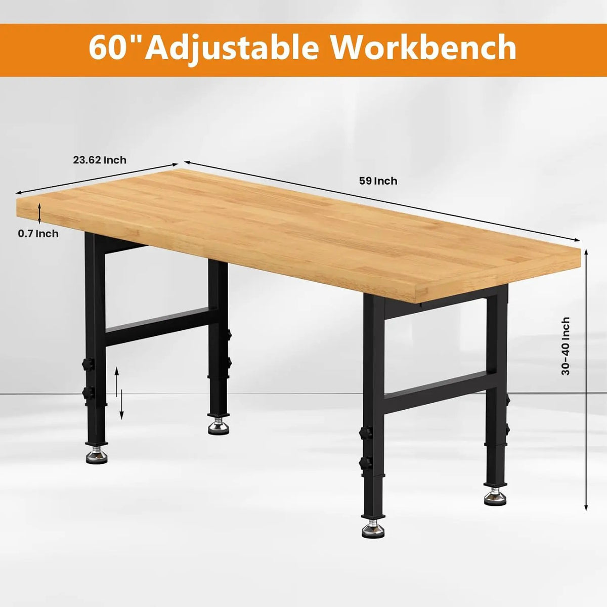 60" Work Bench, Adjustable Height Workbench with Rubber Pad, Heavy-Duty Work Table with Power Outlets, 2000 LBS Capacity Workstation for Garage, Workshop, Office, Home, photo 2 of 6