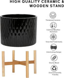 LaDoVita Ceramic Plant Pot with Stand, 10 Inch Planter with Wood Shelf, Modern Round Flower Pots Indoor with Wood Planter Holder, Black Water Ripple Pattern by GreenHaven Gardens