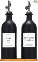 HOMCDALY Olive Oil Dispenser for Kitchen, 16oz Glass Oil Bottles with Bamboo Tray, Black Oil&Vinegar Cruet Set, Kitchen Dispenser Bottles with Pourer | Set of 2 (16oz – Black) by CozyNest Decor