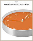 LUUK LIFESTYLE Silent Quartz Wall Clock, Modern and Minimalist Design, Without Ticking, 10” Kitchen Clock, for Living Room, Bedroom, Housewarming Gift, Orange and Silver by CozyNest Decor