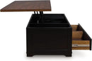 Signature Design by Ashley Wildenauer Farmhouse 2-Drawer Lift-Top Coffee Table with 2 Storage Bins Under Top and Casters, Light Brown & Black by CozyNest Decor