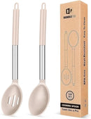 Pack of 2 Large Silicone Cooking Spoons,Non Stick Solid Basting Spoon,Heat-Resistant Kitchen Utensils for Mixing,Serving,Draining,Stirring (STAINLESS STEEL KHAKI) by CozyNest Decor