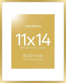 Homeforia 11x14 Picture Frame Gold, High End Metal 11x14 Poster Frames with Mat for 8x10, 11 x 14 Gold Frame Matted to 8 x 10 inch Photo, 11by14 Thin Hanging Frames, Tempered Glass, Wall Kit, Set of 1 by CozyNest Decor
