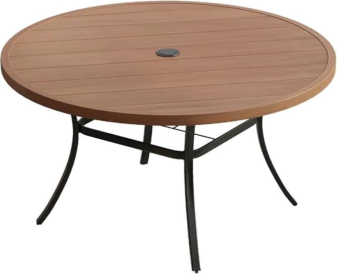 VICLLAX 53" Outdoor Round Patio Table for Lawn Garden, All Weather Metal Round Patio Dining Table with Adjustable Umbrella Hole, Patio Table for 8 Person, Walnut Tabletop, photo 3 of 6
