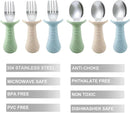 PandaEar Baby Toddler Fork and Spoon Utensil Set, 6 Pack Silicone Stainless Steel Silverware Spoon Fork for Babies Toddler, BPA Free with Silicone Holding Anti-Choke Design (Green Blue Brown) by TinyTreasures Baby Boutique