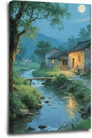 Moonlight under the big tree creek cabin scenery is suitable for posting in the living room bedroom office scenery poster wall painting by CozyNest Decor