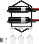 Wall Mounted Wine Stemware Rack, Metal Hanging Wine Glass Display Holde Holds 3 Cups 2 Bottles, Elegant Storage for Kitchen Dining Room Bar Wine Cellar (Black 1) by CozyNest Decor