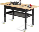 48"/60'' Adjustable Workbench, Rubber Wood Top Work Bench Heavy-Duty Work Table with Power Outlet, Wheels, Partition 2000 LBS Load Capacity Hardwood Work Benches for Garage, Workshop, Home, Office by GreenHaven Gardens