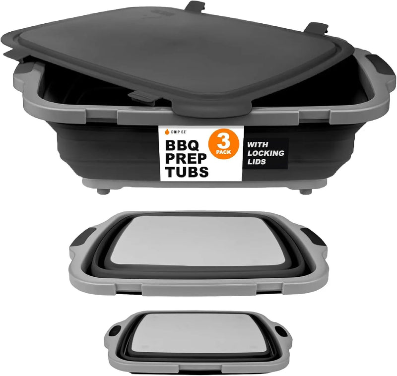 Drip EZ Collapsible BBQ Prep Tubs 3-Piece Set- For Meal Prep Marinating Food Storage - Includes Cutting Board & Lid - (1) JR + (1) OG + (1) XL - Black