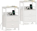 Furologee Nightstands Set of 2, Night Stands with Charging Station, Side Tables with 2 Fabric Drawers, End Tables with Storage Shelves, for Bedroom, White by CozyNest Decor