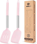 Pack of 2 Silicone Solid Turner, Non Stick Slotted Kitchen Spatulas, High Heat Resistant BPA Free Cooking Utensils, Ideal Cookware for Fish, Eggs, Pancakes(Pink) by CozyNest Decor