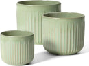 LE TAUCI Fluted Ceramic Planters Set of 3 – 8.3/7 / 5.7 in Sage Green Reactive Cylinder Indoor Plant Pots with Drainage Plug & Mesh, Glossy Stoneware Flower Pots for Succulents Herbs by CozyNest Decor