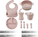 PandaEar Silicone Baby Feeding Set | 9PCS Baby Led Weaning Supplies Self Feeding Utensils | Divided Suction Plate Bowl Bibs Sippy Cup with Baby Snack Container Spoons Forks (Pink) by TinyTreasures Baby Boutique