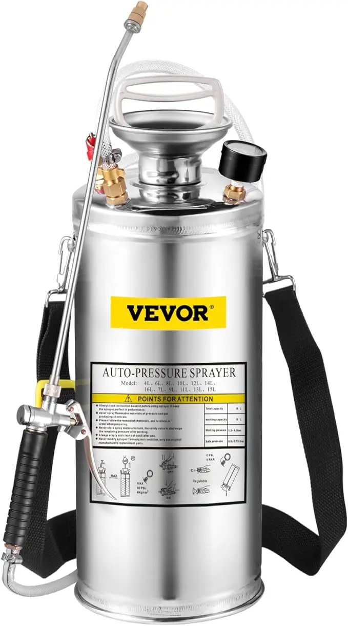 Happybuy 2 Gallon Stainless Steel Sprayer, 20" Wand & 3FT Reinforced Hose, Hand Pump Sprayer with Pressure Gauge, Safety Valve & Adjustable Nozzle, Weed Sprayers for Lawn, Gardening &Sanitizing1, photo 8 of 9