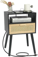 MaxSmeo Mid Century Modern Nightstand with Charging Station, Bedside Tables with Rattan Drawer, Small Wood Nightstand Side Table for Living Room,Bedroom (Black) by CozyNest Decor