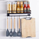 Wall Mount Storage Holder，Stainless Steel Strong Shelf with 6 Removable Hooks, Spice Rack Organizer，Kitchen Organizer Shelf, Space Saving Spice Rack and Kitchen Storage (black) by CozyNest Decor