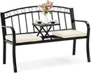 AVAWING Outdoor Metal Garden Bench, 2-Seat Patio Porch Bench with Steel Frame, Park Bench w/Pullout Middle Table＆ Cushion for Backyard Lawn Deck Entryway, Black by CozyNest Decor