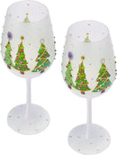 Set of 2 Stemmed Christmas Tree Design Wine Glasses - 14 oz