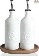Sweejar Ceramic Olive Oil Dispenser Bottle, 20 Oz Relief Opaque Oil Cruet Protects To Reduce Oxidation, Suitable for Storage,Vinegar, Soy Sauce,Liquids,Set of 2 (White White) by CozyNest Decor