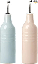 famiware Jupiter 16oz Ceramic Olive Oil Dispenser Bottle, Olive Oil and Vinegar Dispenser Bottle Set of 2 with Stainless Steel Pourers, Suitable for Storage Vinegar, Liquids, Light Blue & Light Pink by CozyNest Decor