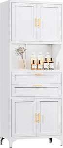 75” Tall Kitchen Pantry Storage Cabinet, Metal Bathroom Storage Cabinet with 2 Drawers and Adjustable Shelves, Kitchen Pantry Cupboard, Freestanding Cupboard for Bathroom, Living Room (White) by CozyNest Decor