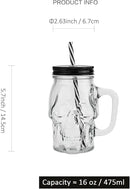 Halloween Cups Set of 4 - Skull Mason Jar with Lids Straws and Handle - Skull Drinking Glasses for Halloween Party Bar Decor (16 oz, Clear) by CozyNest Decor