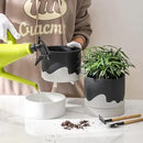 Nihow Self Watering Plant Pot: 6 Inch Ceramic Planter with Drainage Hole & Water Storage Plus for Indoor & Outdoor Plants - Cylinder Round Flower Pot for Succulent/Herbs/Violets - Black & Wave White by CozyNest Decor